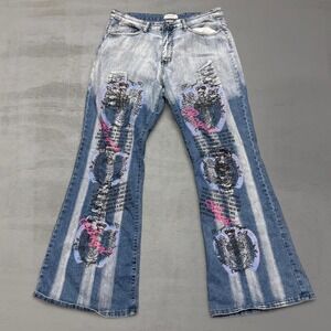 Jamie Nicole Collection Flare Jeans Blue Graphic Print Y2K Streetwear Size 18